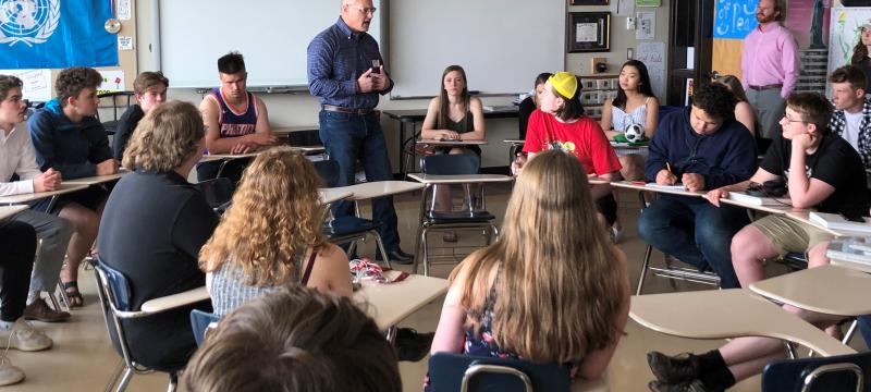 Congressman Stauber in a classroom with students